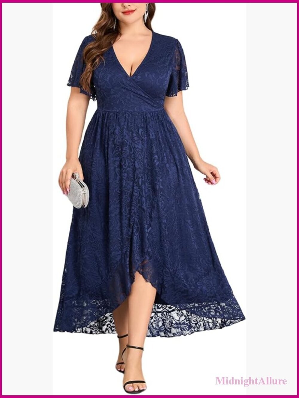 Plus Size Floral Lace Dress Wrap V Neck Ruffle Sleeve High Low Evening Gown